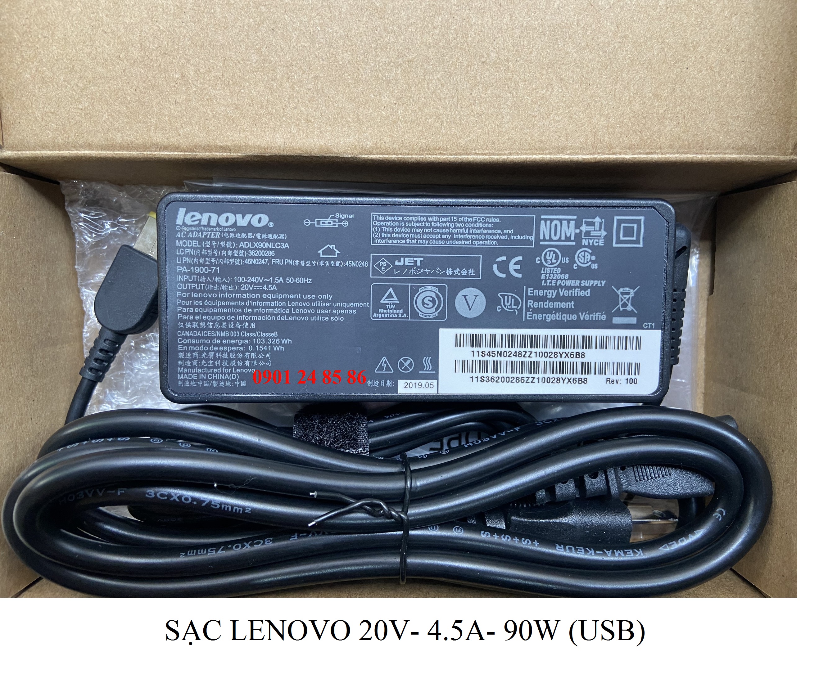 Sạc Laptop Lenovo, Sạc Lenovo, Adapter Laptop Lenovo Original, Lenovo 20V-4.5A-90W-Đầu USB
